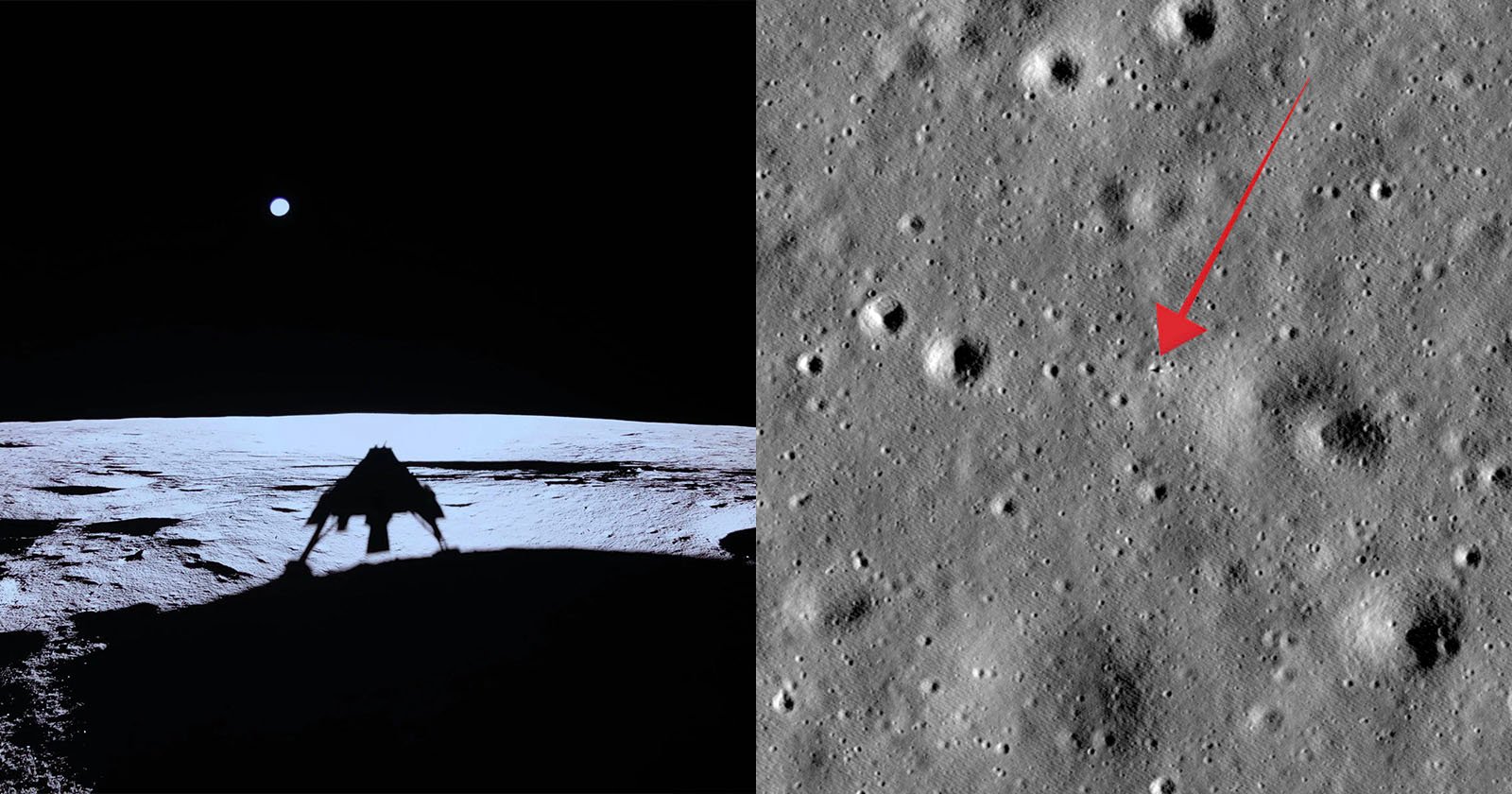 Split image: Left side shows a spacecraft's silhouette against the lunar surface with a bright Earth in the sky. Right side displays a close-up of the moon's cratered surface with a red arrow pointing to a specific area.