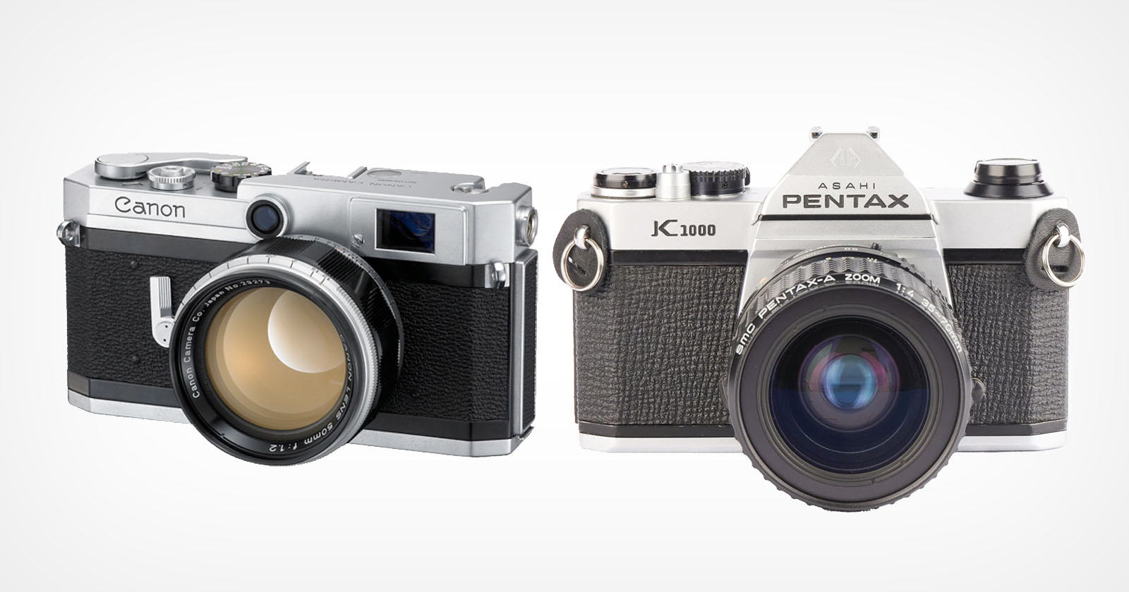 Two vintage cameras are side by side. The left one is a Canon rangefinder with a sleek metal body and black texture. The right one is a Pentax K1000 SLR with a similar design. Both have prominent lenses and classic styling.