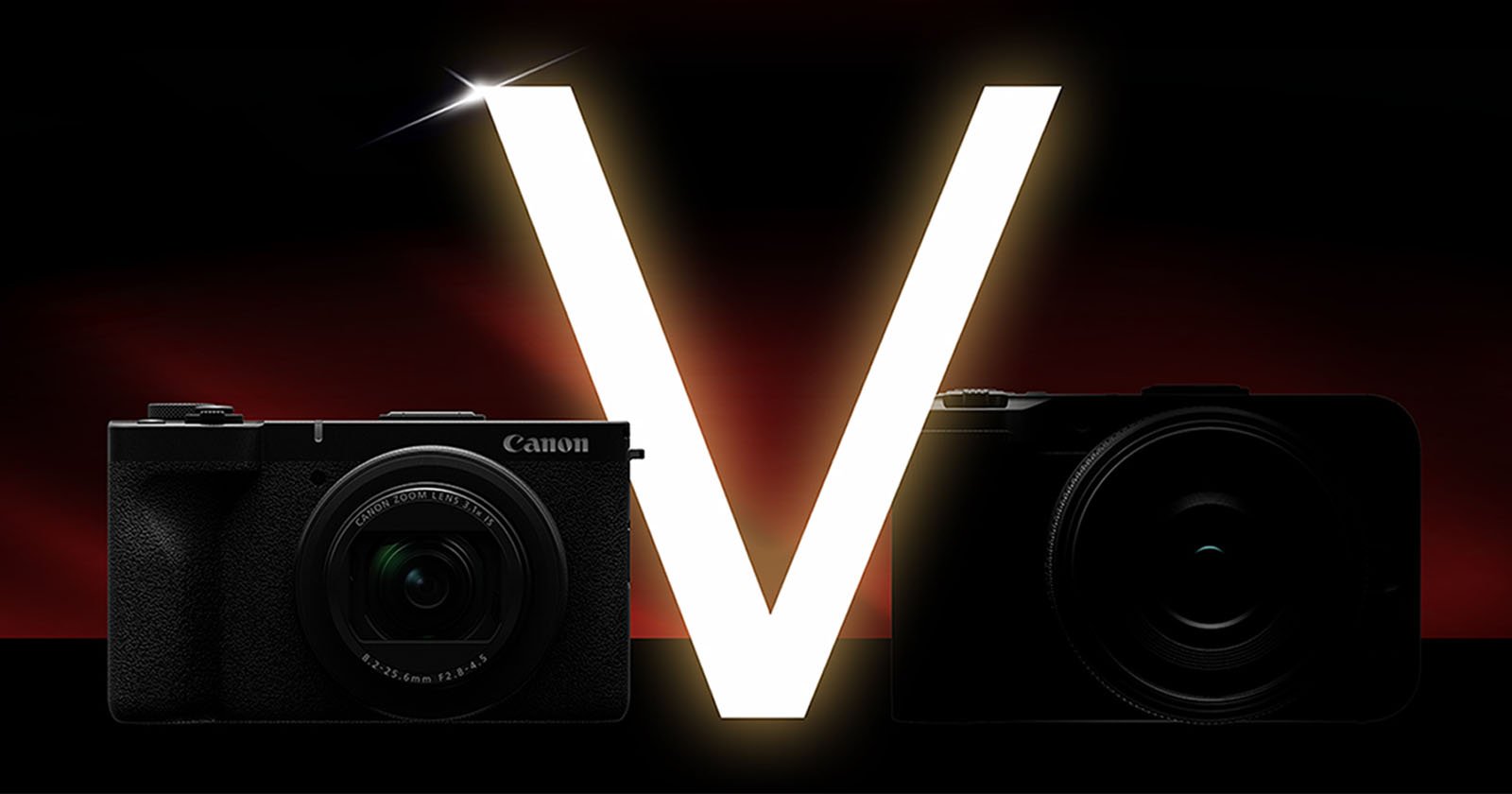 Two cameras are positioned in front of a large, glowing letter "V" on a dark background. The light creates a silhouette effect, highlighting the shape of the letter and partially illuminating the cameras.