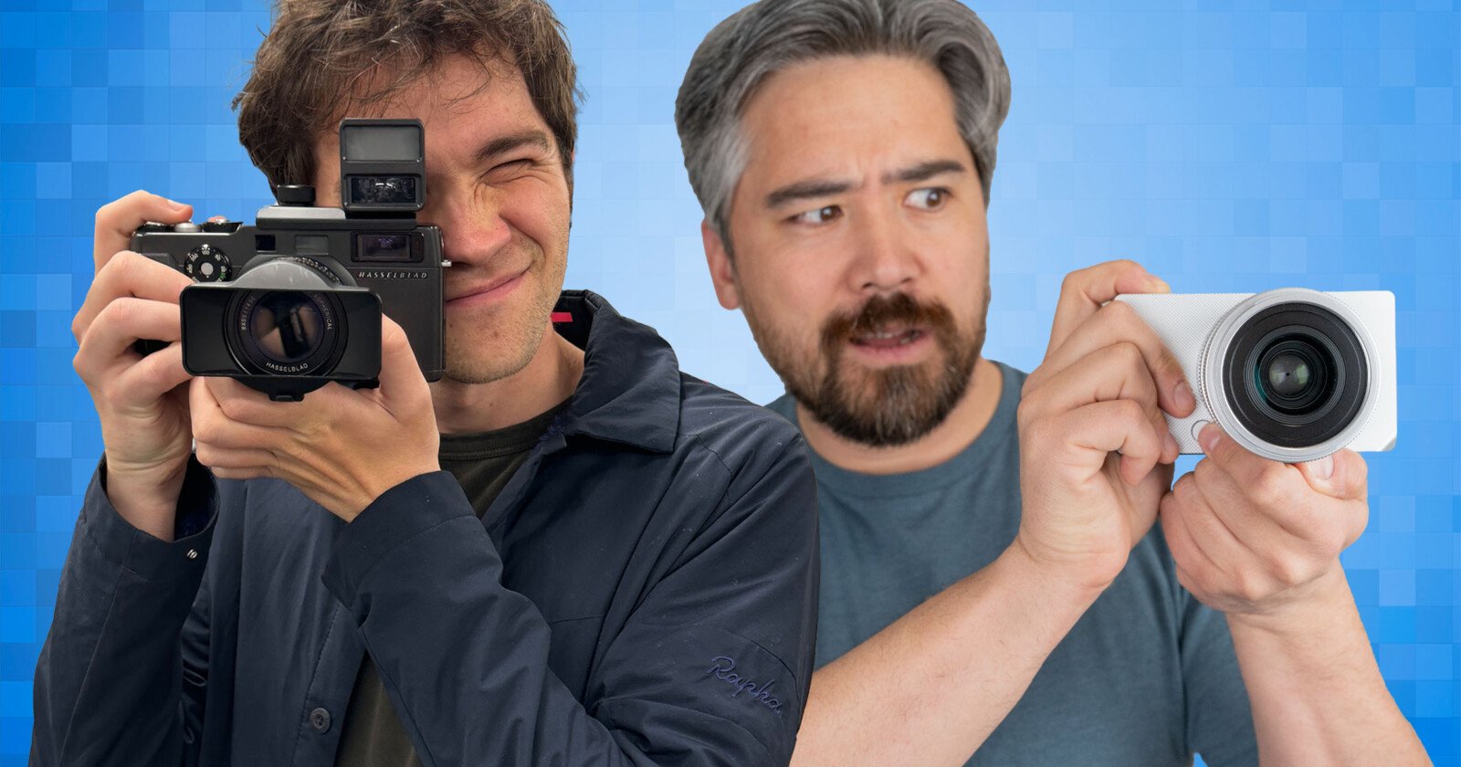 Two men are holding cameras against a pixelated blue background. The man on the left is taking a photo with a black camera, while the man on the right is looking to the side, holding a white camera.