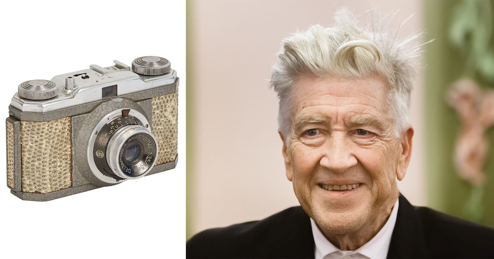 A vintage film camera is shown on the left, and an older man with gray hair wearing a suit is smiling on the right, with a soft green background behind him.