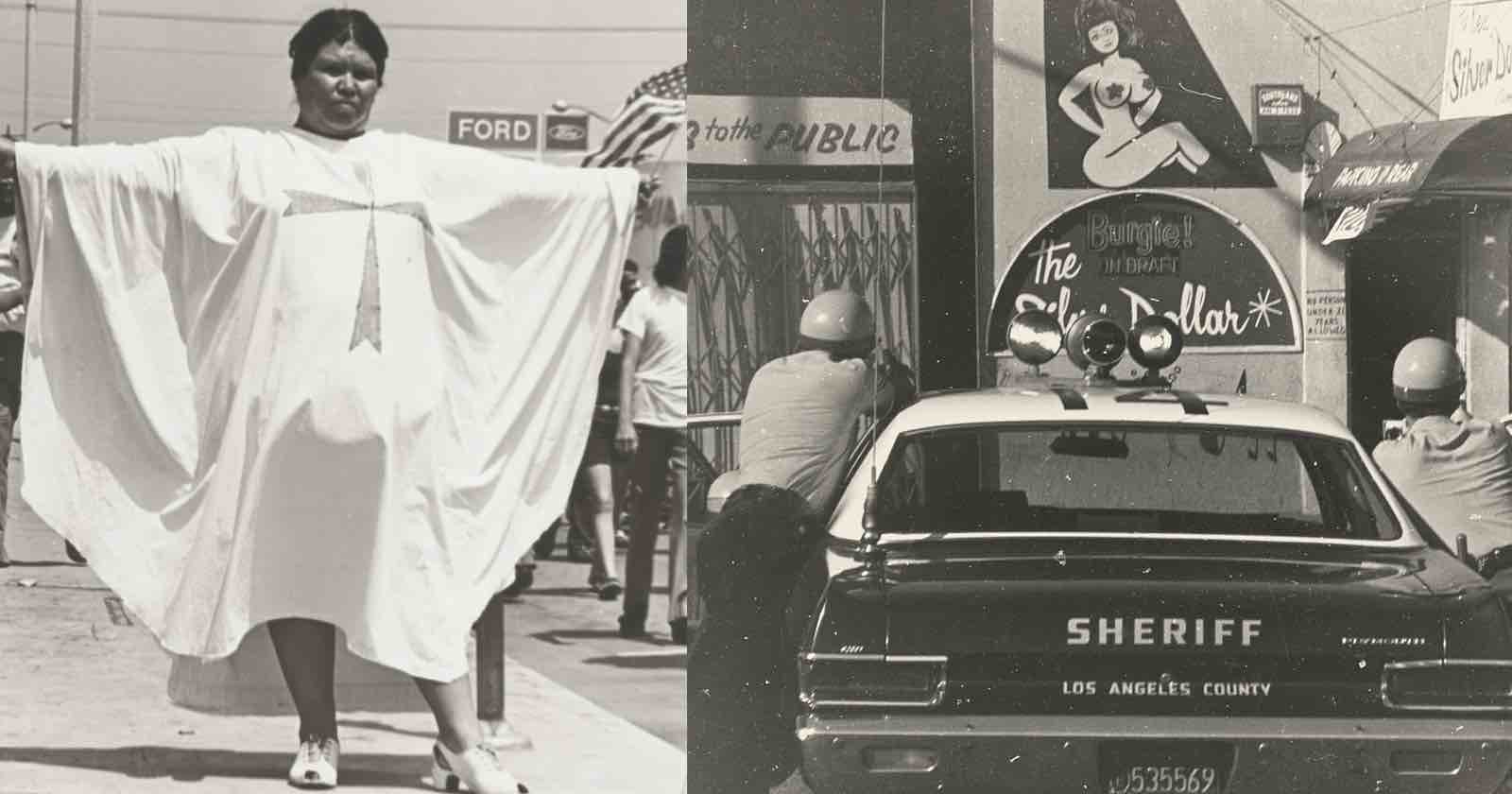 Split photo: On the left, a person wearing a flowing white dress poses with arms outstretched on a street. On the right, two police officers take cover behind a sheriff’s car outside a nightclub.
