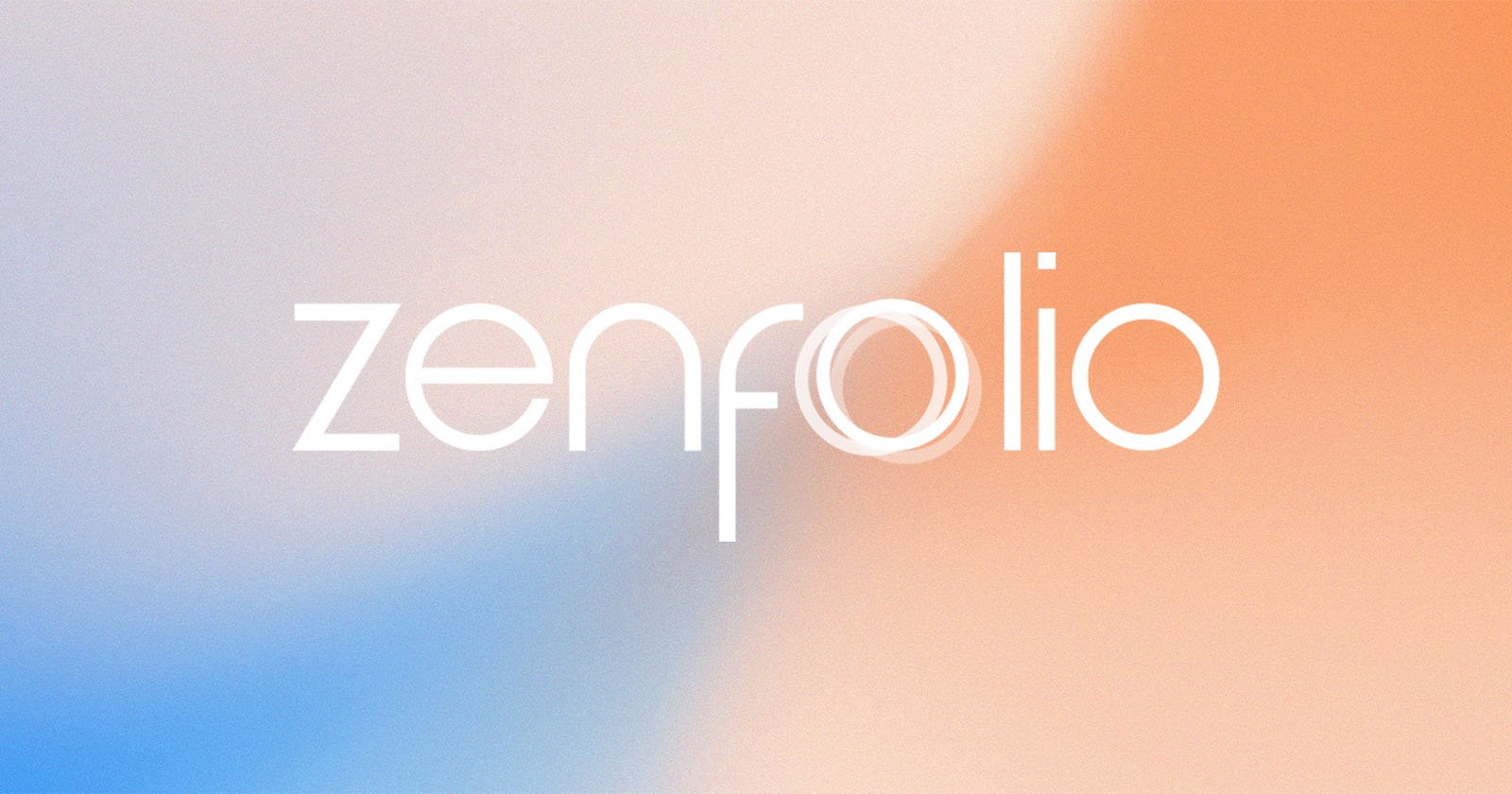 White text reading "zenfolio" on a blurred gradient background of blue, white, and peach colors. The “o” in “zenfolio” features circular, swirling lines.